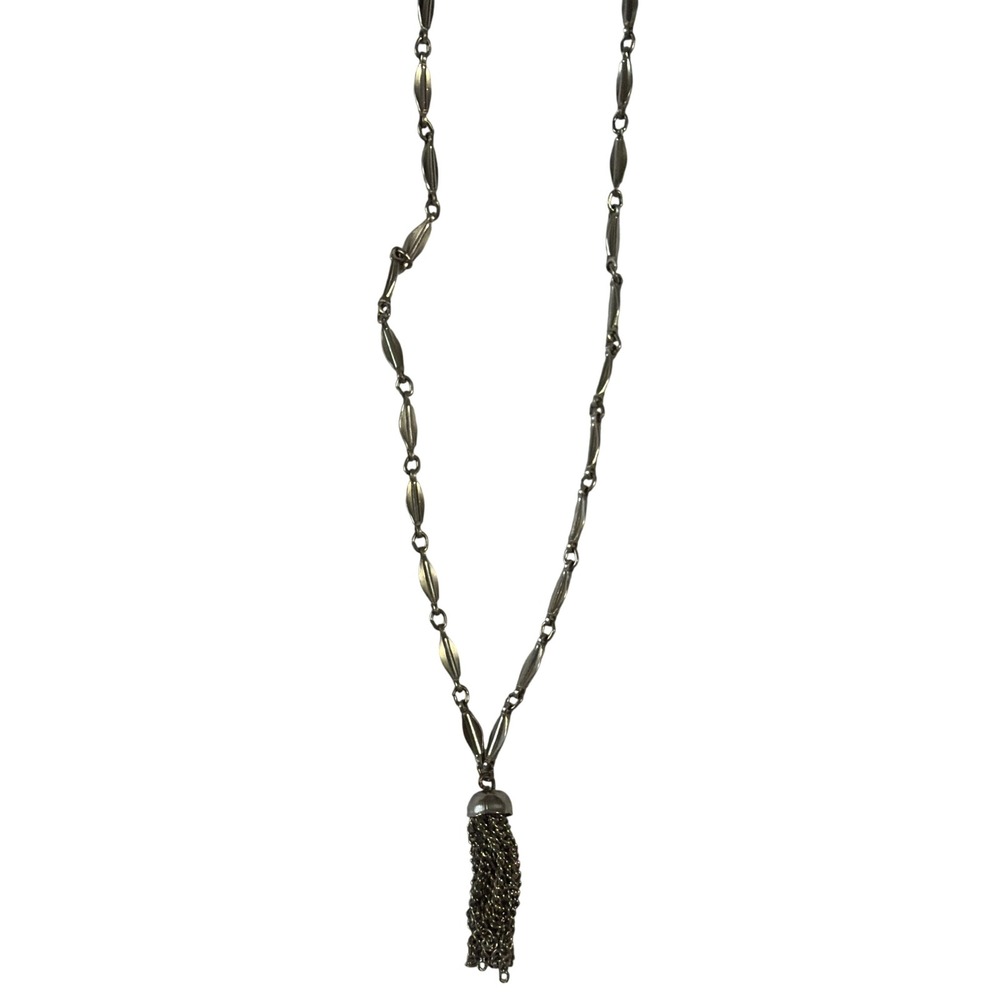 Vintage Silver Tone Long Station Chain Necklace with Multi Strand Tassel Pendant